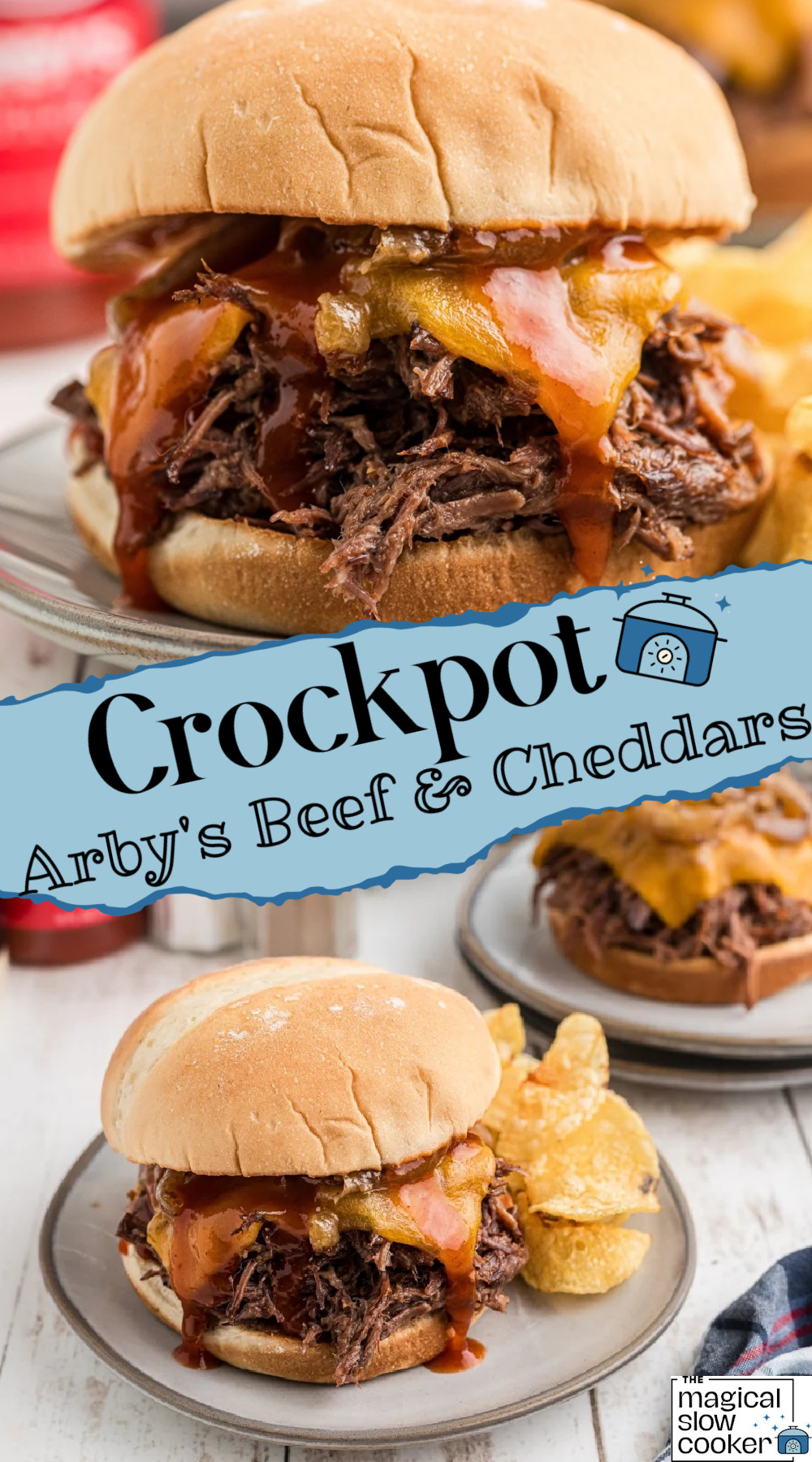 2 images of beef and cheddar sandwiches.