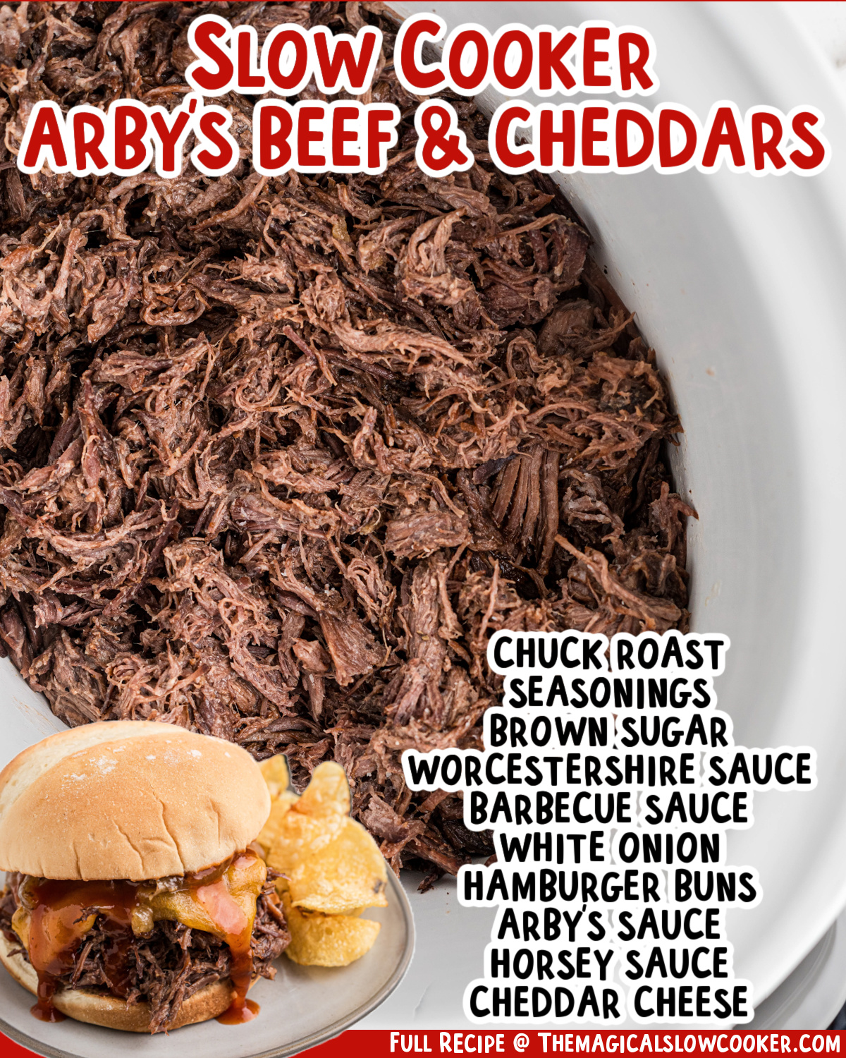 two images of slow cooker arby's beef and cheddars with text list of ingredients.