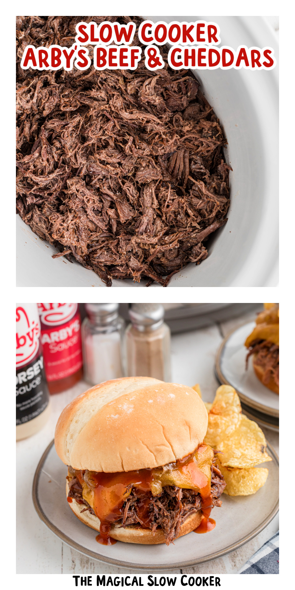 two images of slow cooker arby's beef and cheddars with text title overlay.