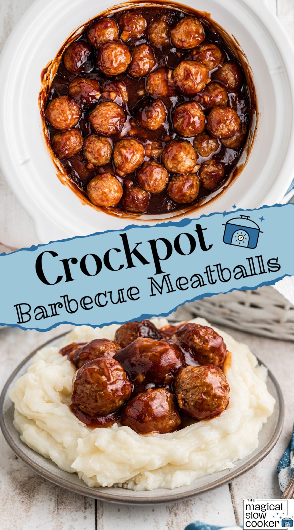 barbecue meatballs in a slow cooker and on mashed potatoes