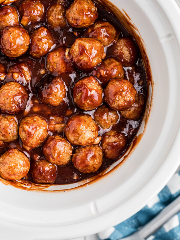 overhead shot of slow cooker bbq meatballs.