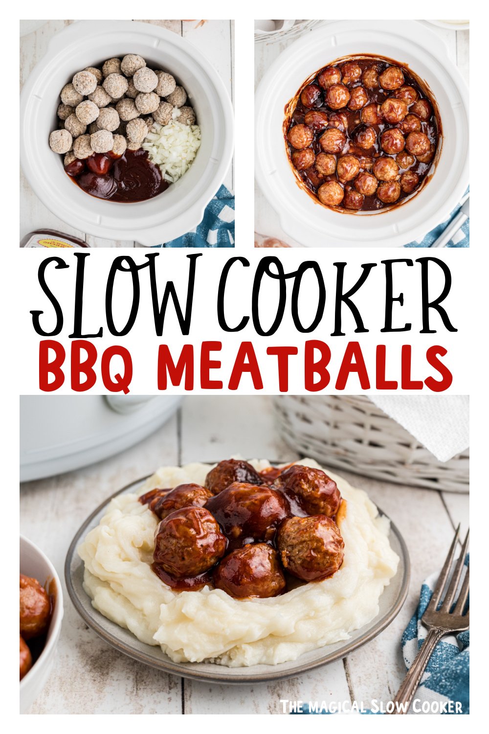 three images of slow cooker bbq meatballs for pinterest.
