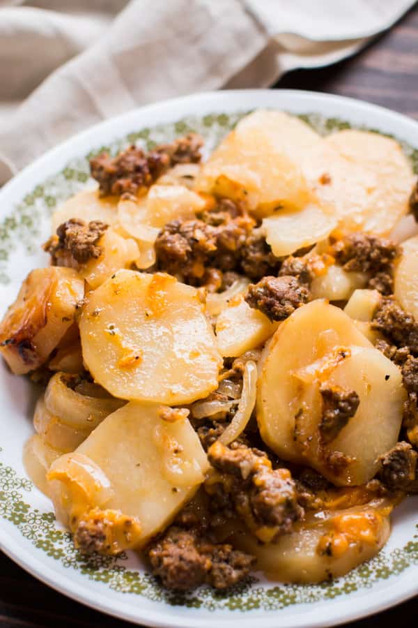 Slow Cooker Beef and Potato Au Gratin on a plate.