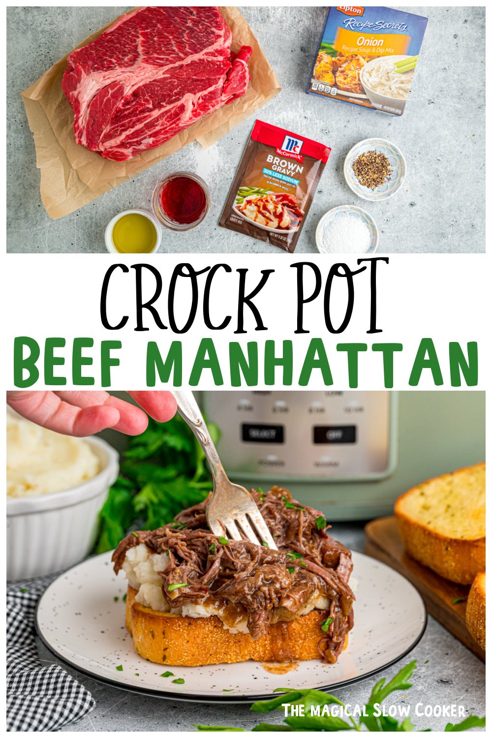 Two images of beef manhattan for pinterest.