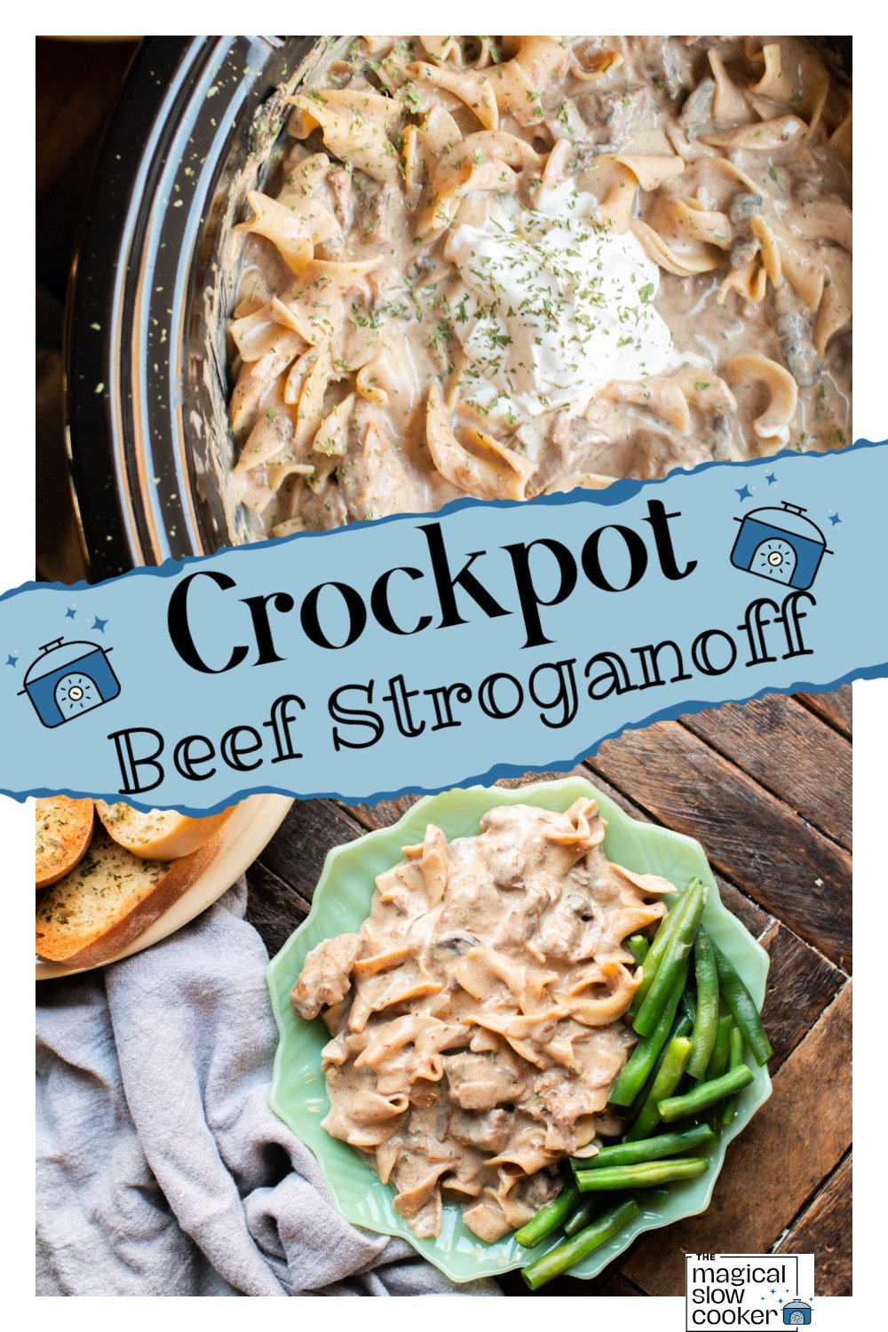 beef stroganoff with egg noodles and sour cream in the slow cooker and on plate.