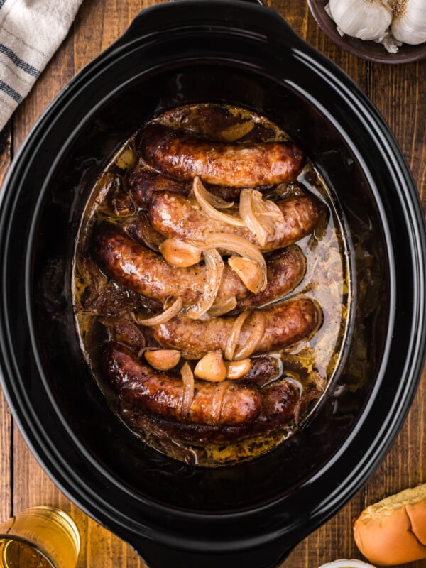 Beer and garlic brats in a crockpot.