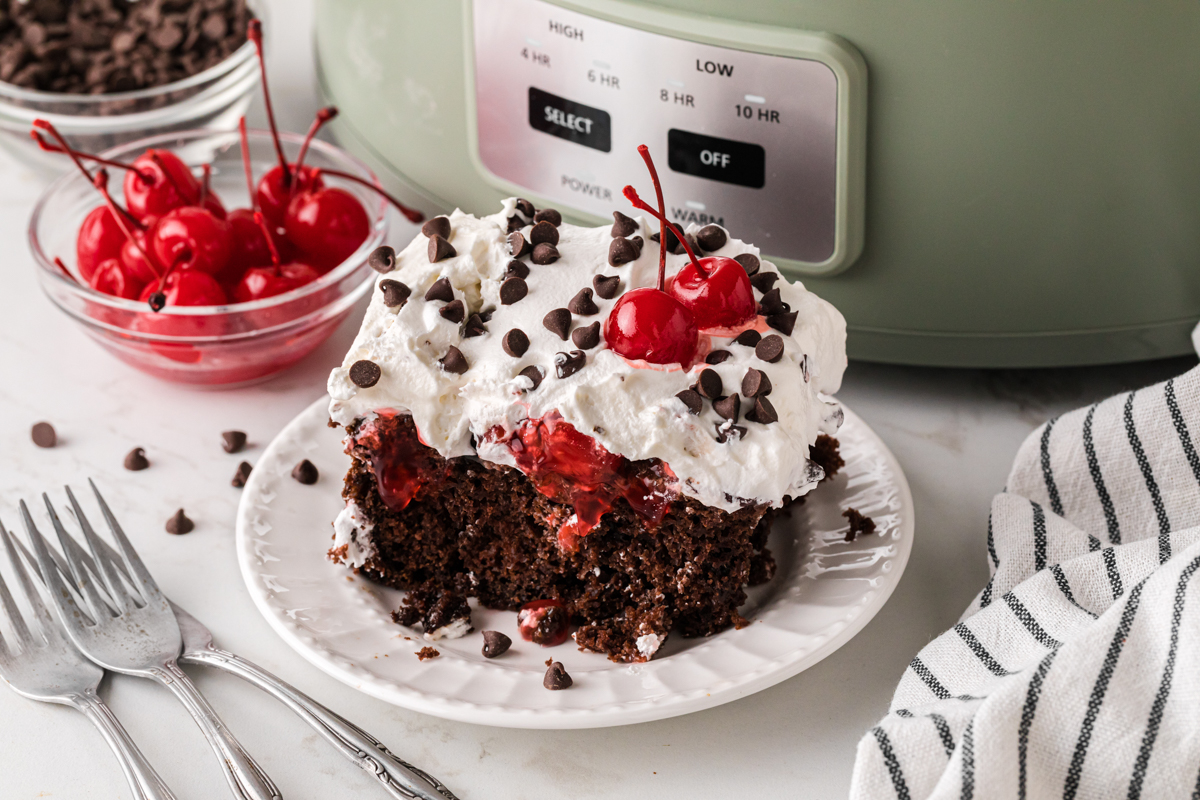 A slice of cake on a white plate in front of a slow cooker.