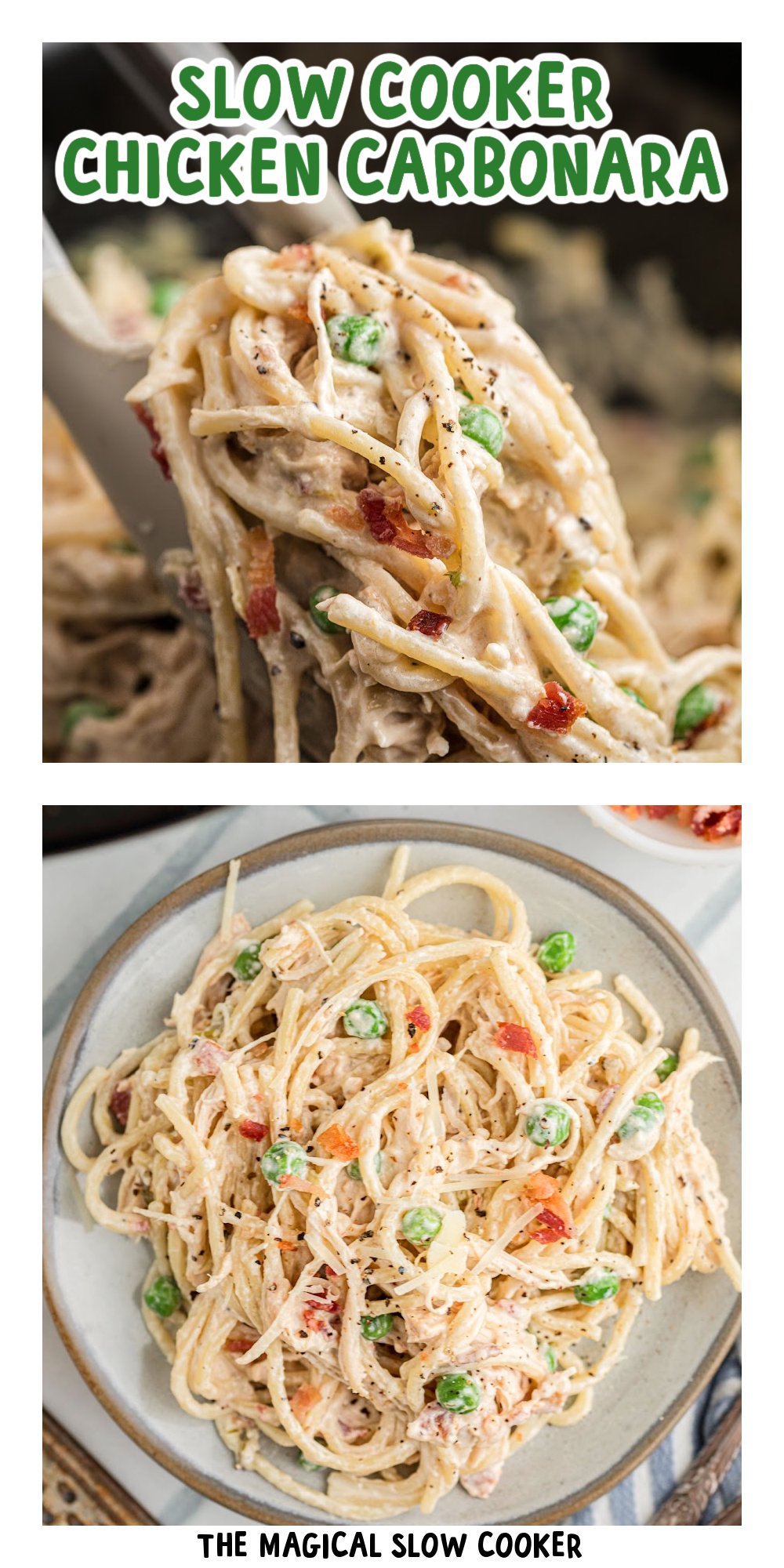 Two images of slow cooker chicken carbonara with text title overlay.