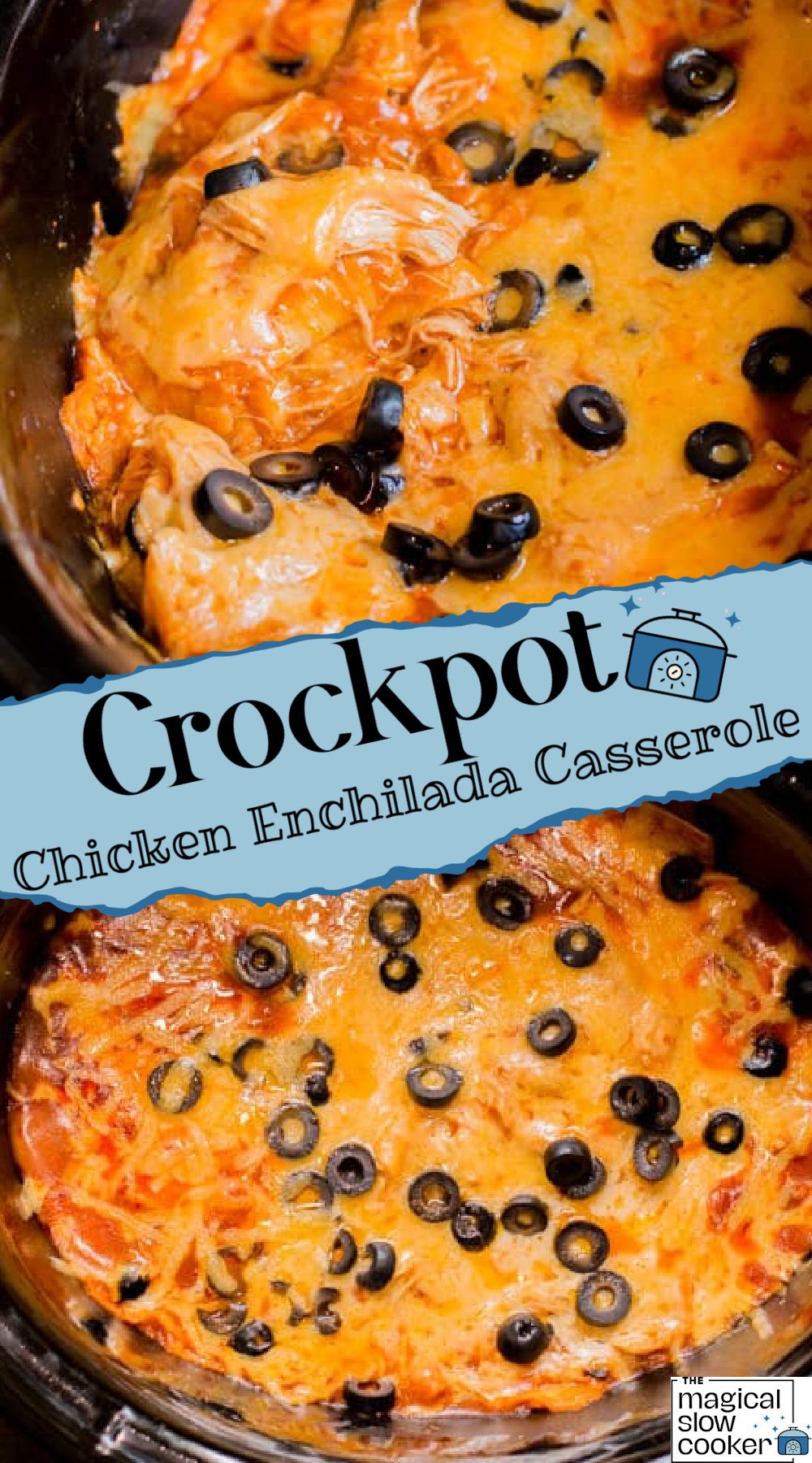 2 images of cooked chicken enchilada casserole.