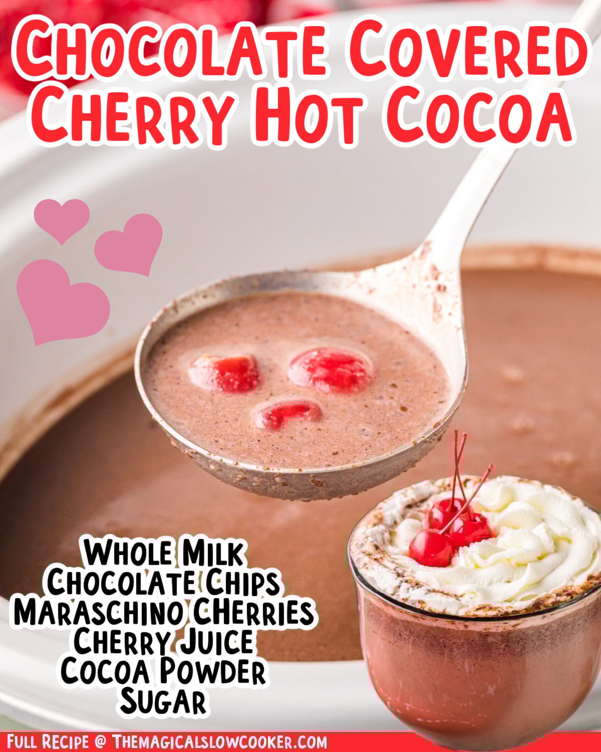 Images of chocolate cherry hot chocolate with text of what the ingredients are