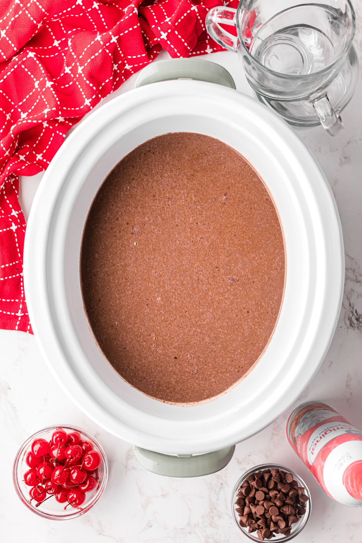 Slow cooker chocolate covered cherry hot chocolate after cooking.