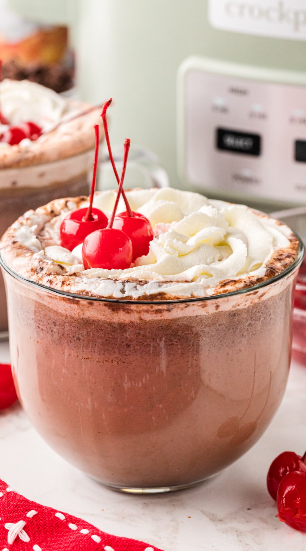 Long image of slow cooker chocolate covered cherry hot chocolate