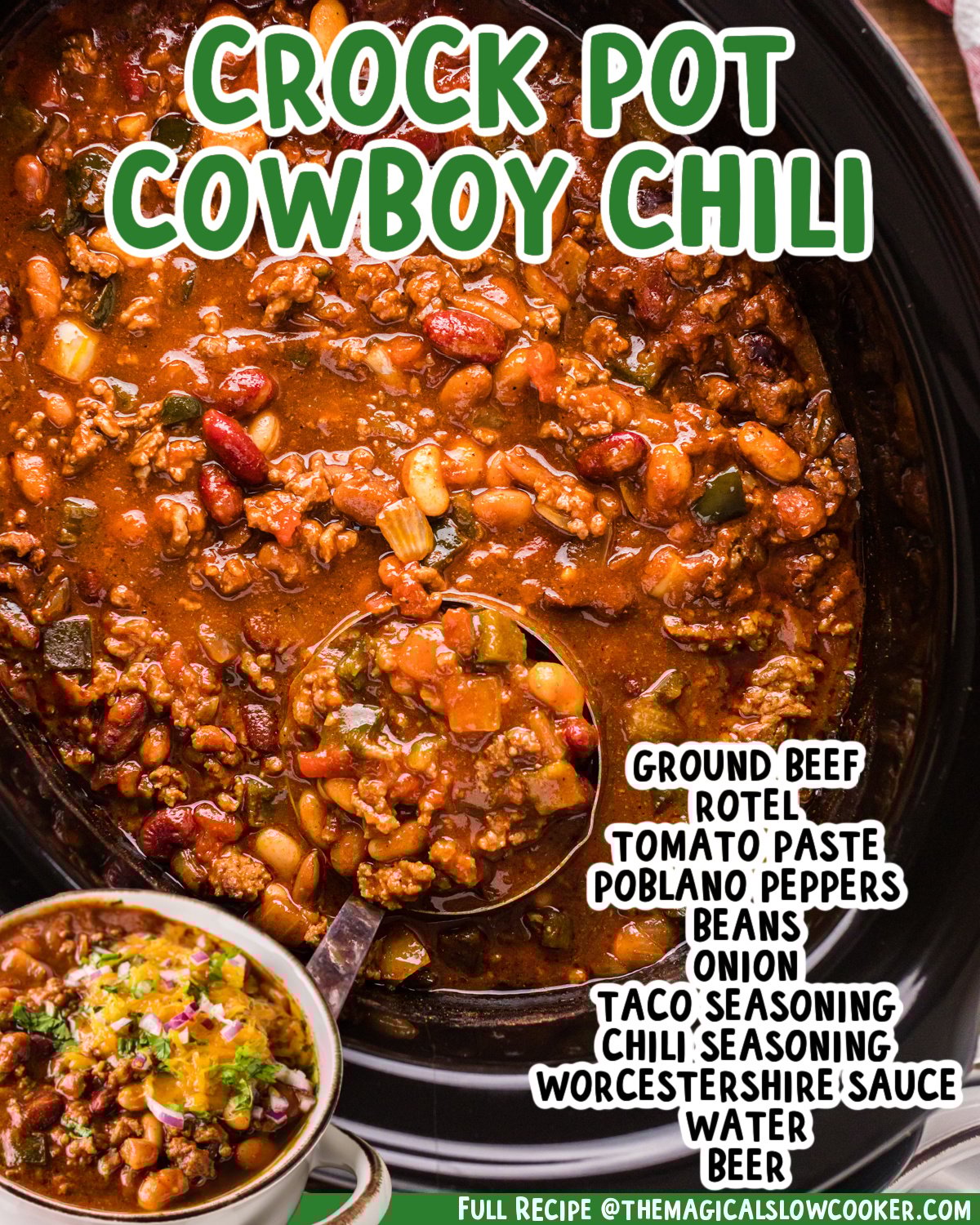 Two images of cowboy chili with text list of ingredients.