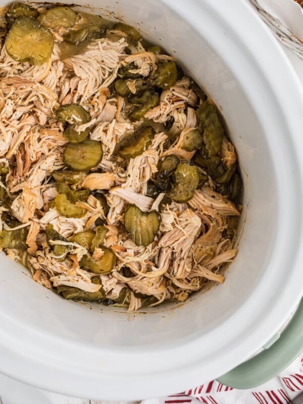 Slow cooker dill pickle chicken in a crockpot.