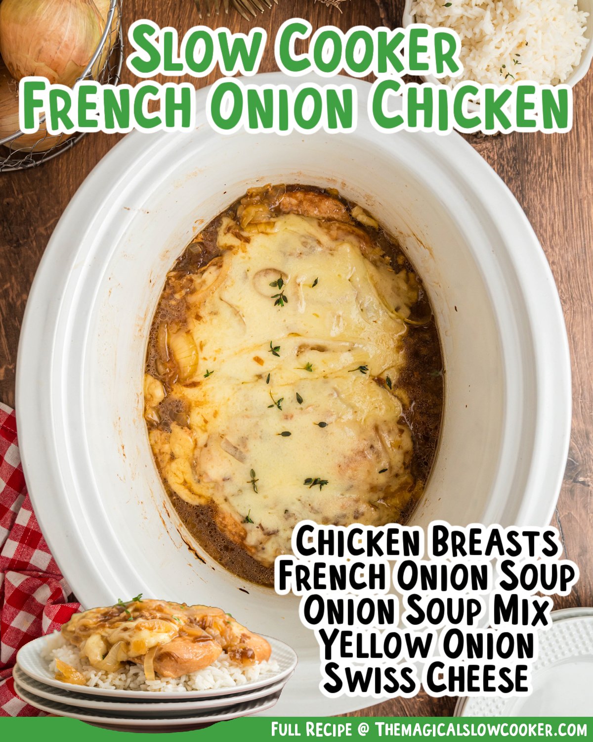 2 images of french onion chicken with text of what the ingredients are.