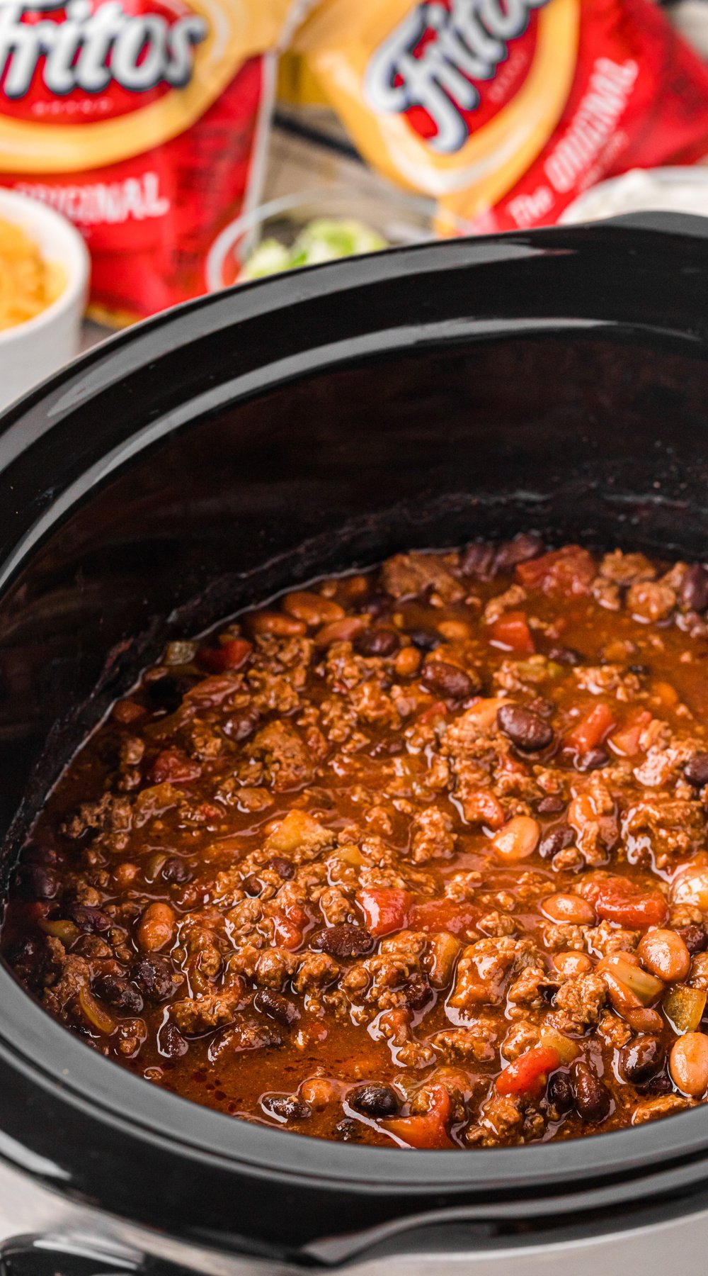 long image of slow cooker frito pie.