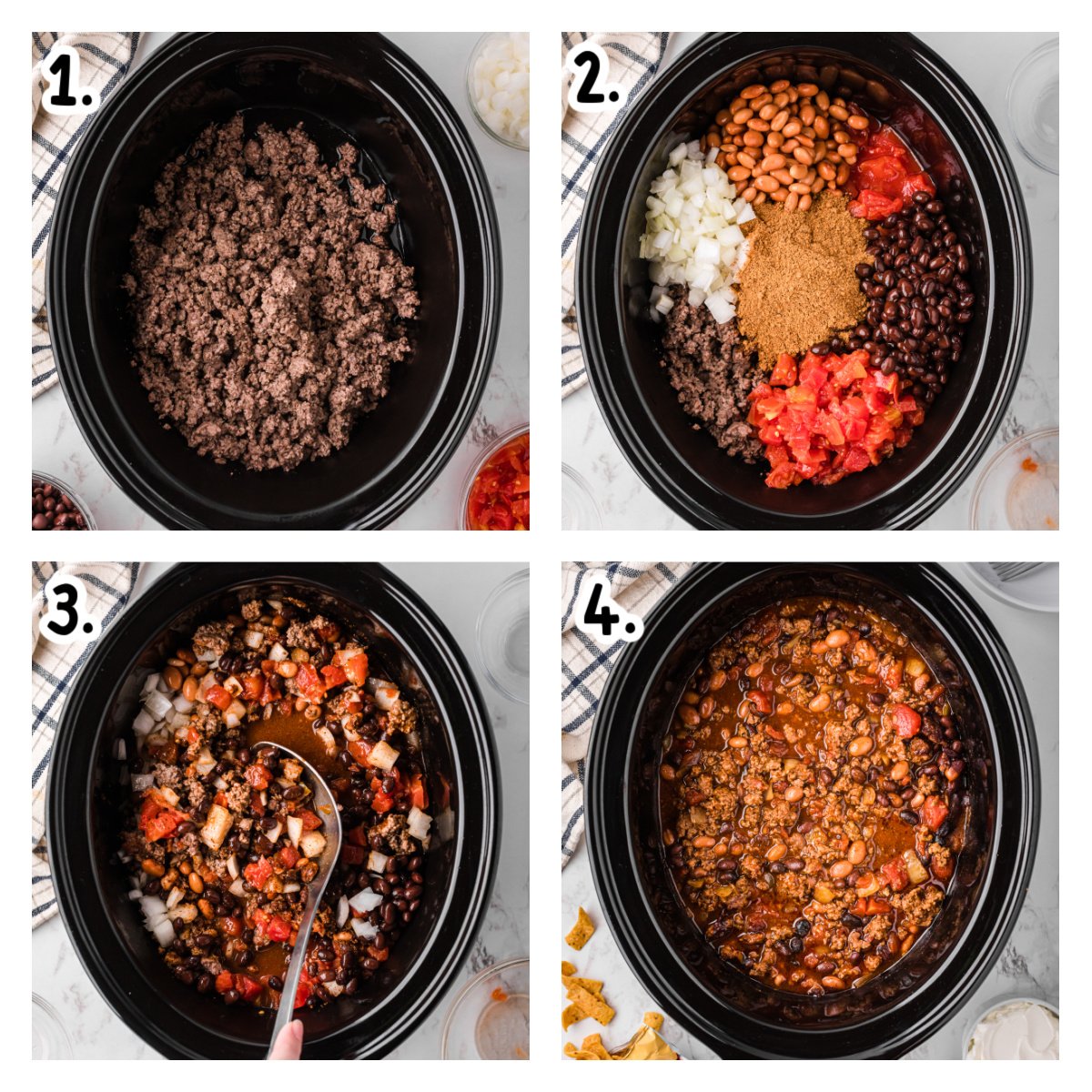 four images showing how to make slow cooker frito pie.