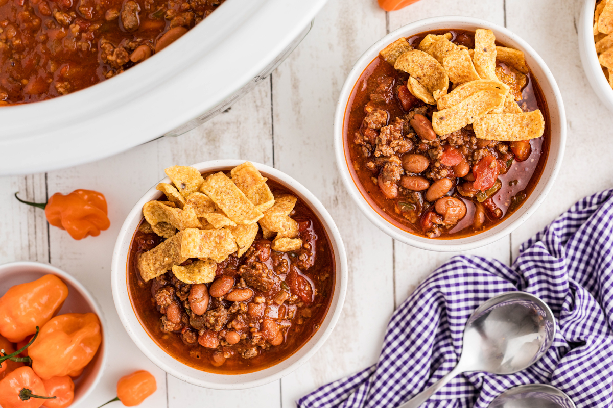 Two bowls of slow cooker habanero chili.