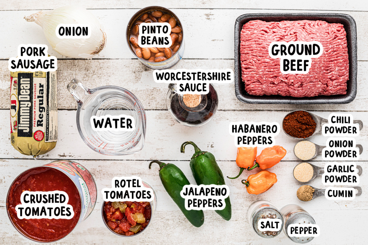 Ingredients for slow cooker habanero chili on a table.