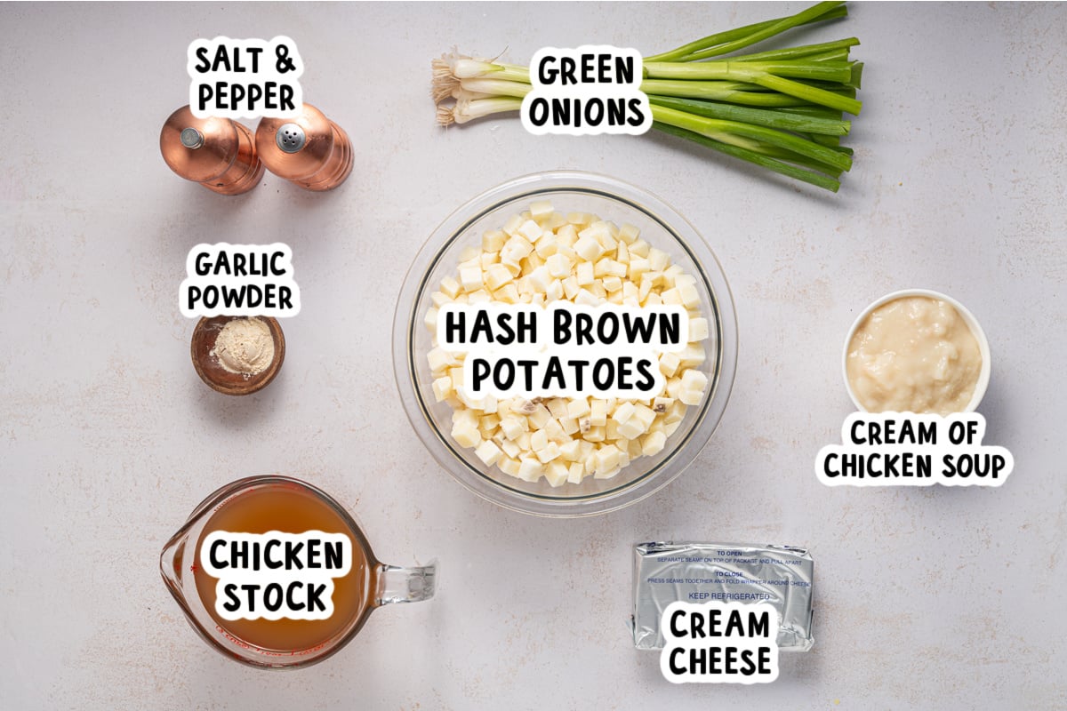 Ingredients for making hashbrown potato soup on a table.