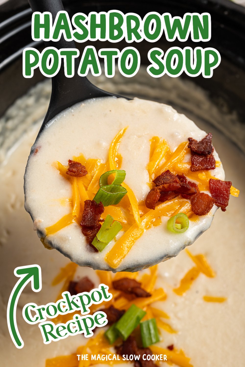 Long image of hashbrown potato soup with text overlay.