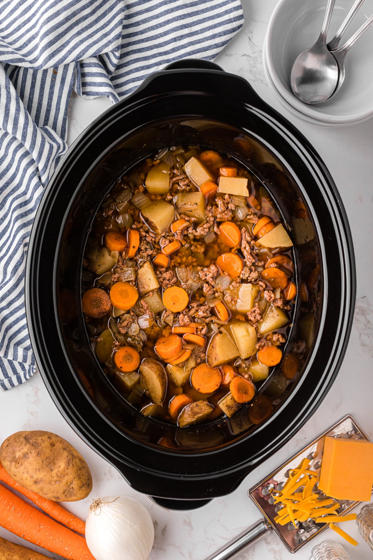Slow cooker hobo soup after cooking.