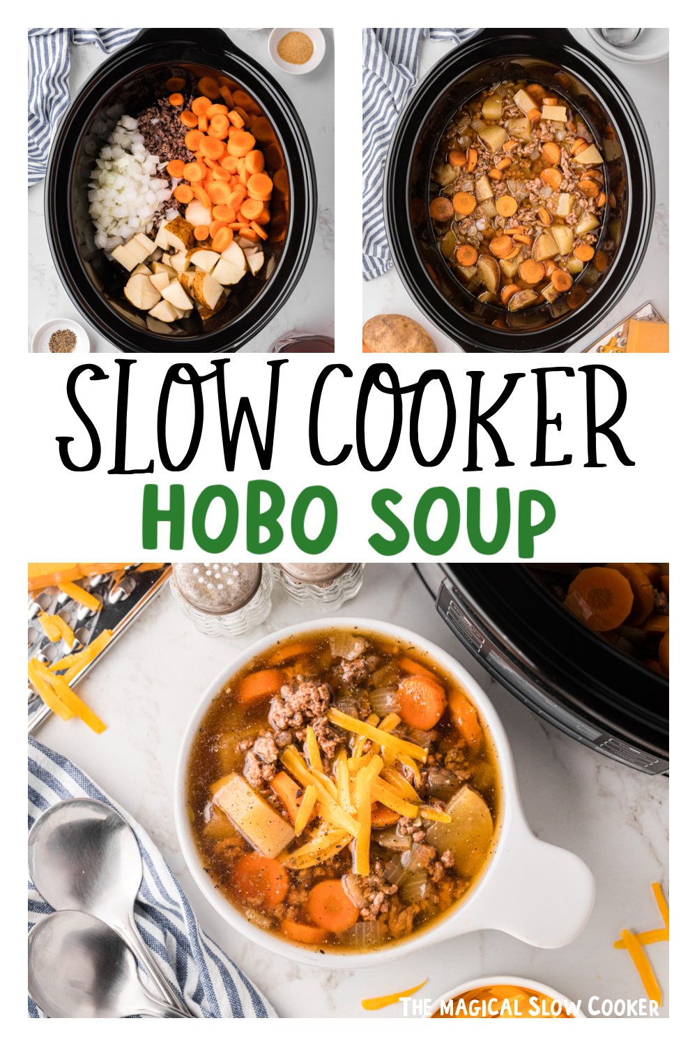 Three images of slow cooker hobo soup for pinterest.