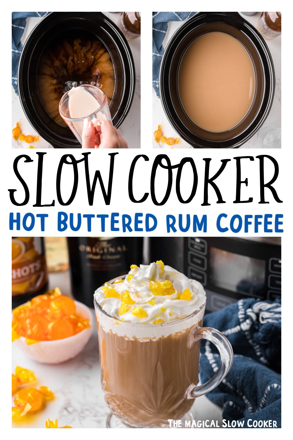 Three images of slow cooker hot buttered rum coffee for Pinterest.