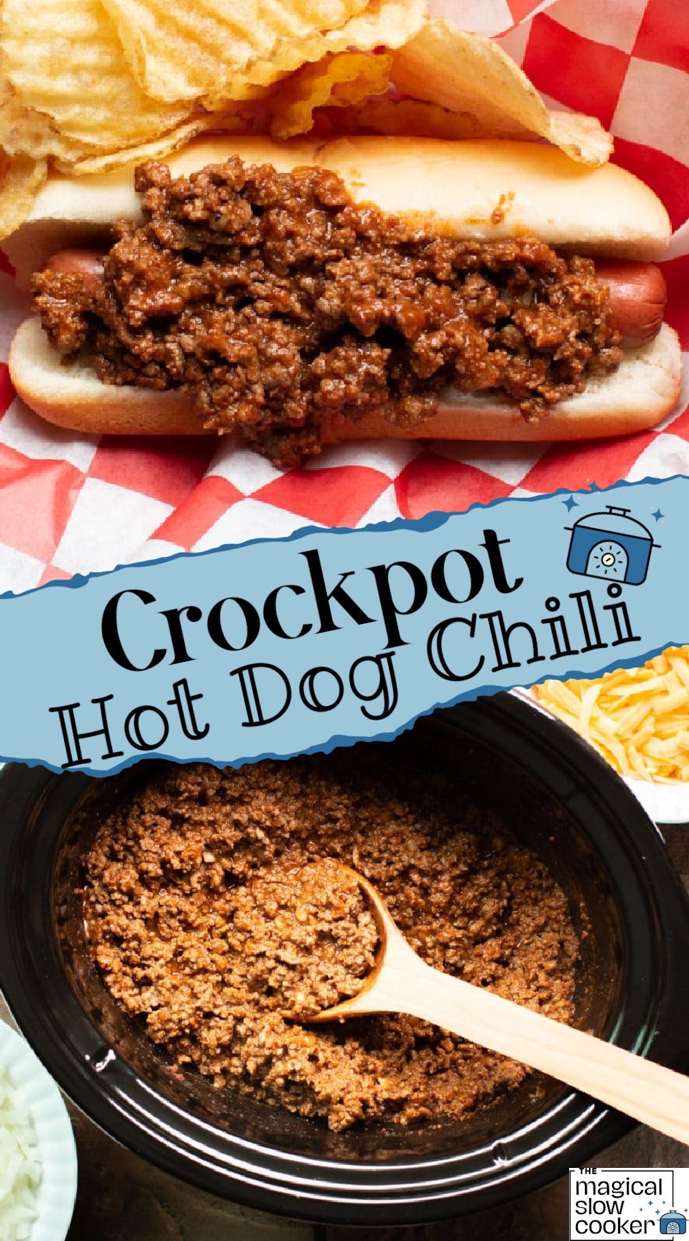 2 images of hot dog chili for pinterest.