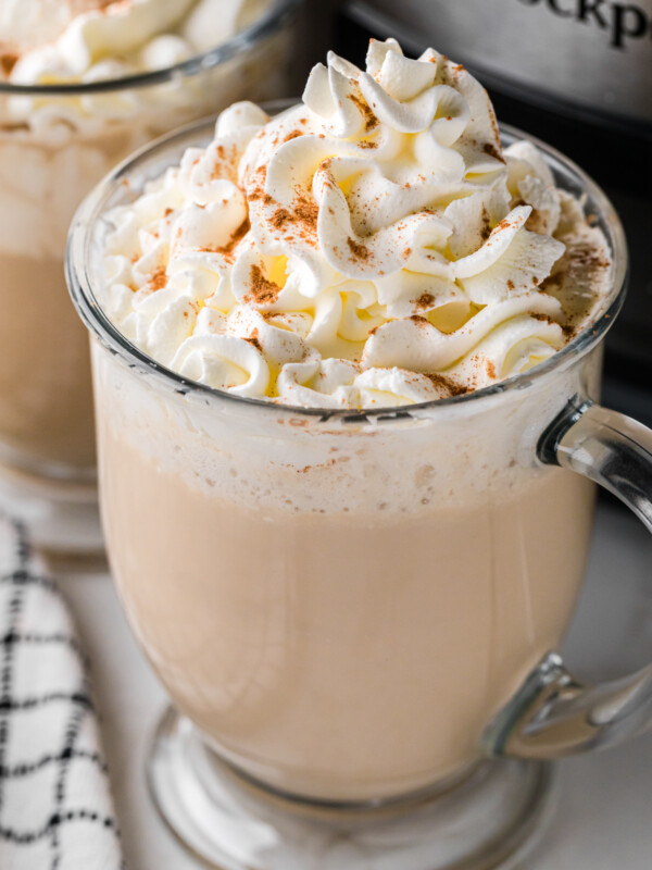 close-up of slow cooker hot white russians.