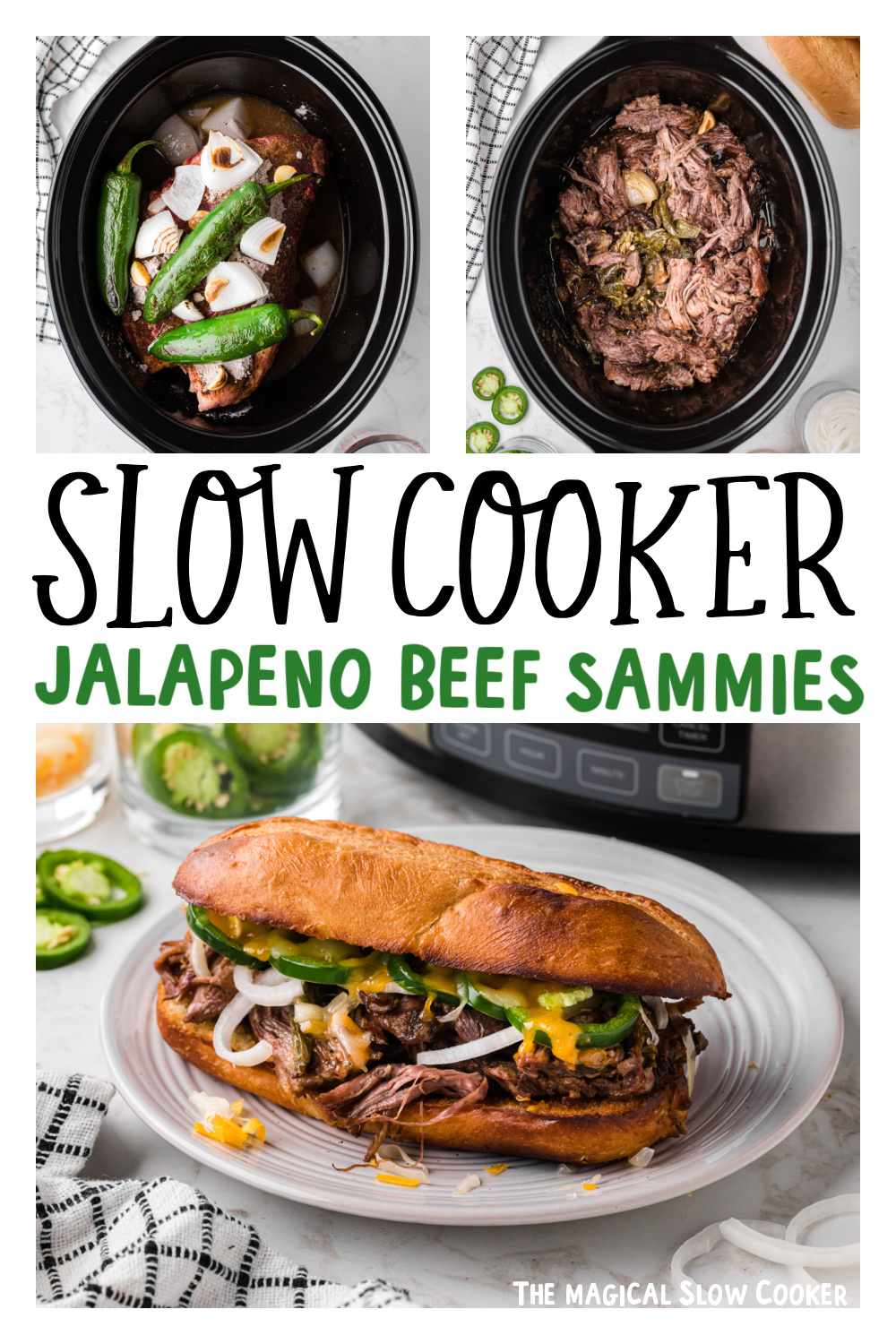 Three images of slow cooker jalapeno beef sammies for pinterest.