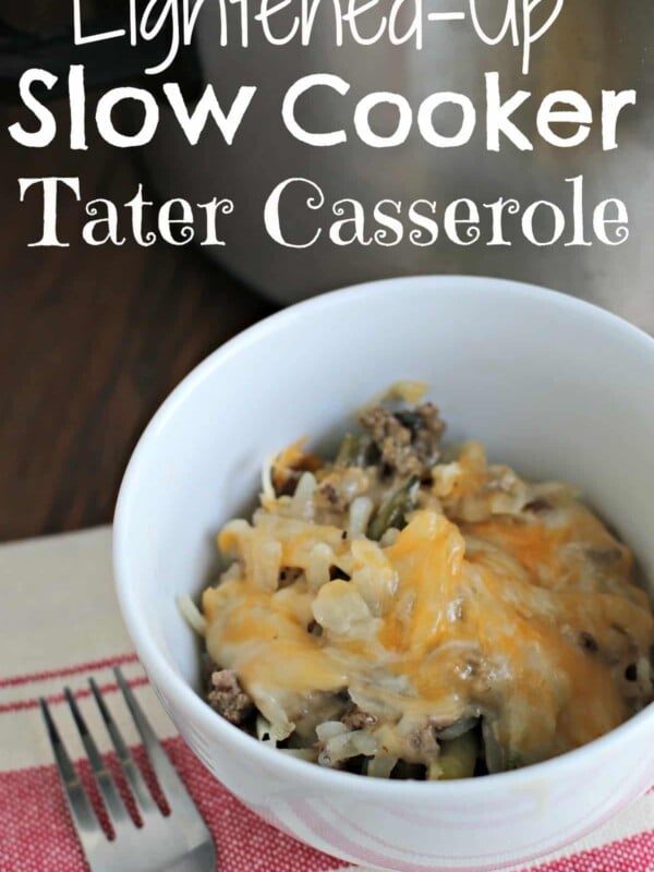 bowl of lightened up tater casserole in white bowl for pinterest
