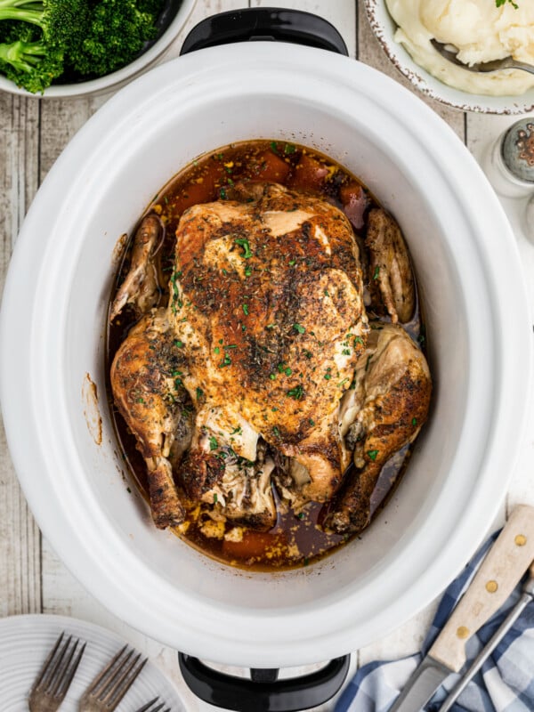 Cooked mayonnaise chicken in a slow cooker.