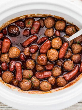 overhead shot of meatballs and little smokies.