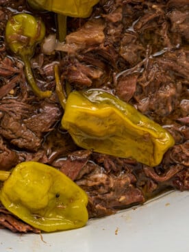 overhead shot of Mississippi pot roast in a slow cooker.