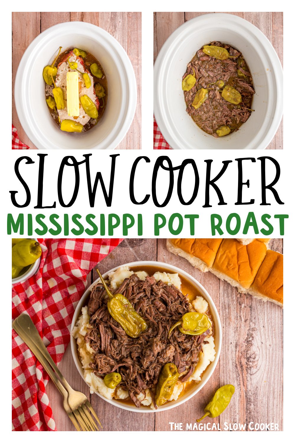 three images of slow cooker Mississippi pot roast for pinterest,