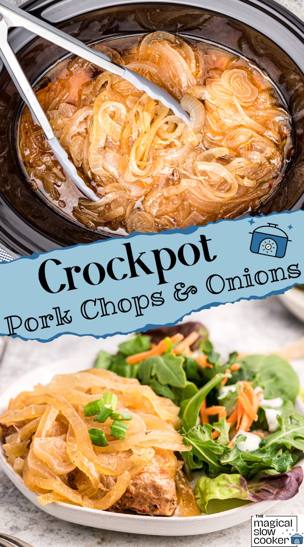 2 images of pork chops and onions for pinterest.