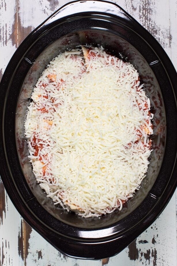 fully assembled ravioli in slow cooker