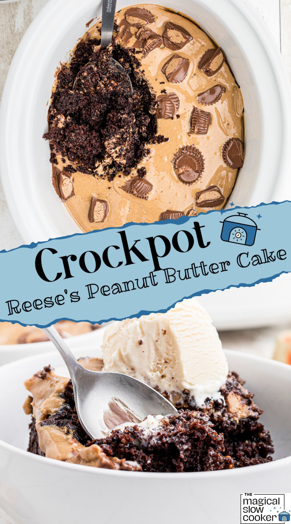 2 images of warm peanut butter chocolate cake.