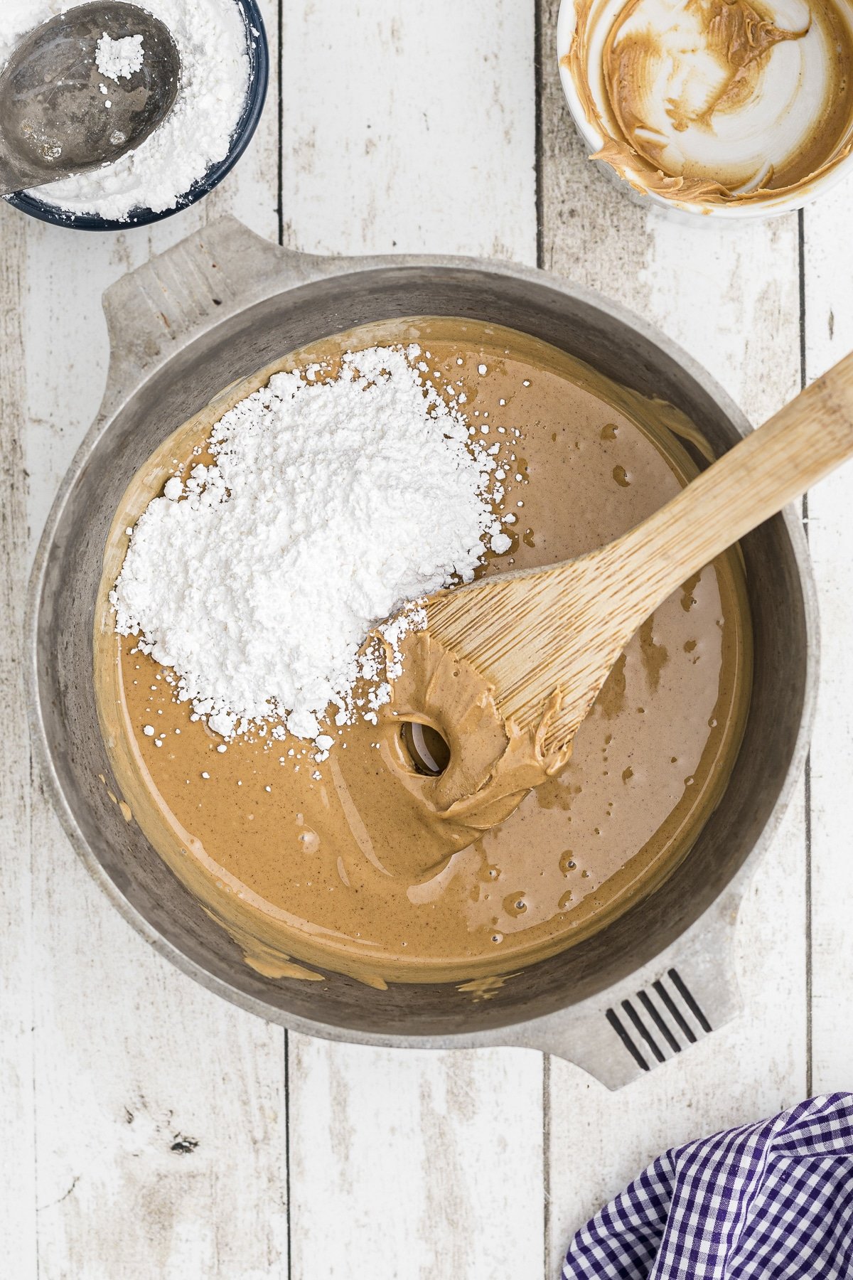 Melted peanut butter and powdered sugar.