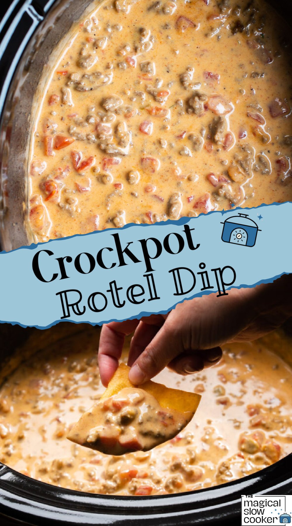 2 images of cooked rotel dip in a crockpot.