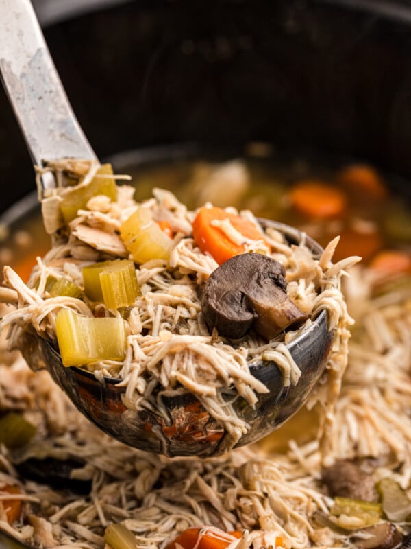 ladle of slow cooker turkey and rice soup.