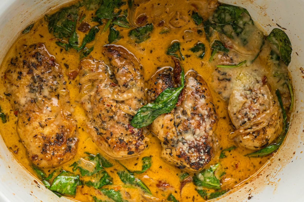 overhead shot of slow cooker tuscan chicken.