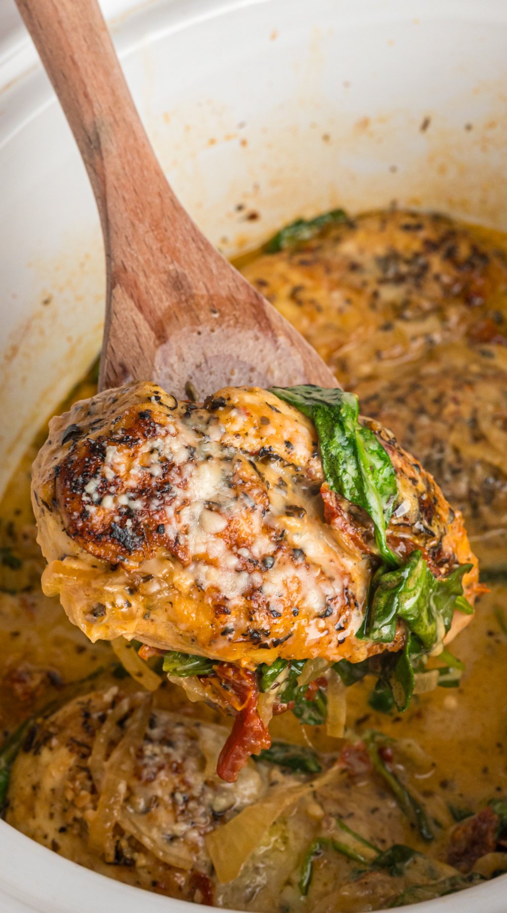 long image of slow cooker tuscan chicken.