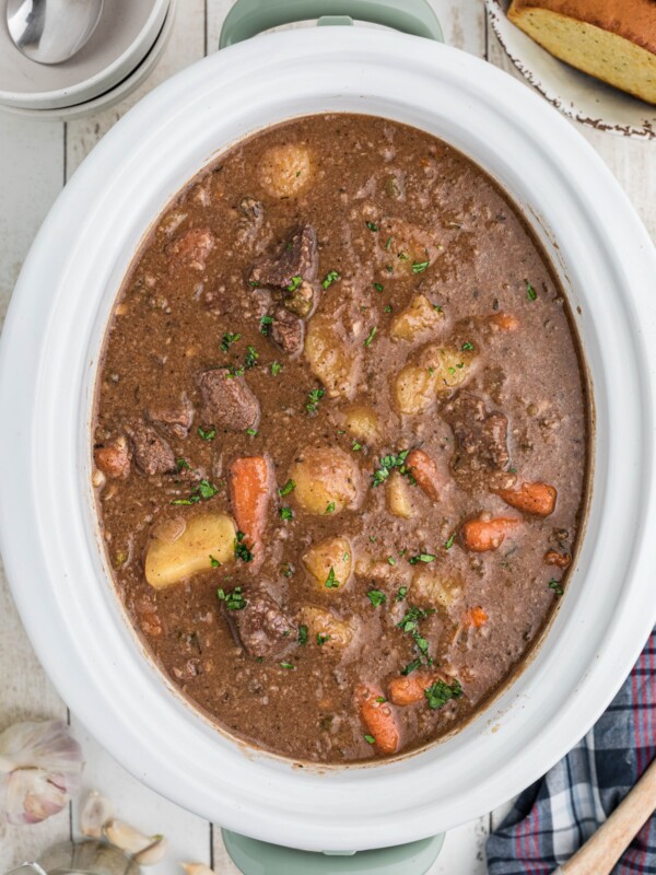 Cooked venison stew in a slow cooker.