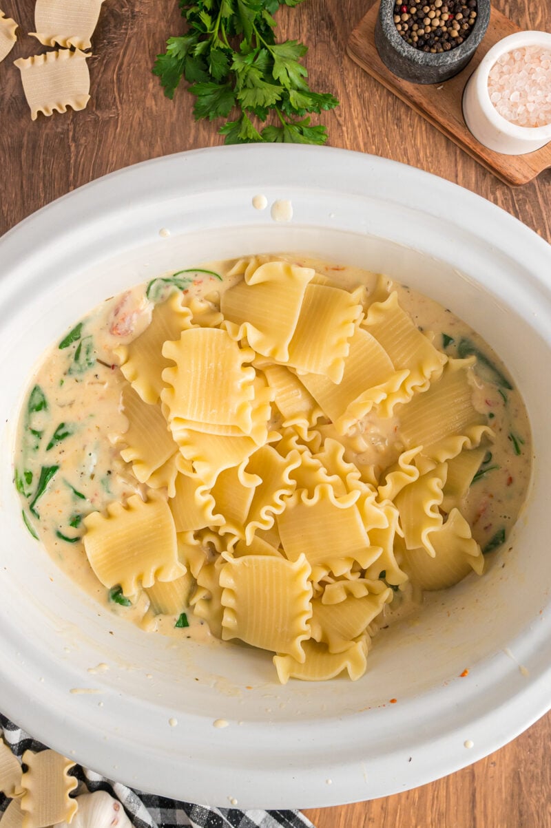lasagna noodles added to soup in slow cooker.