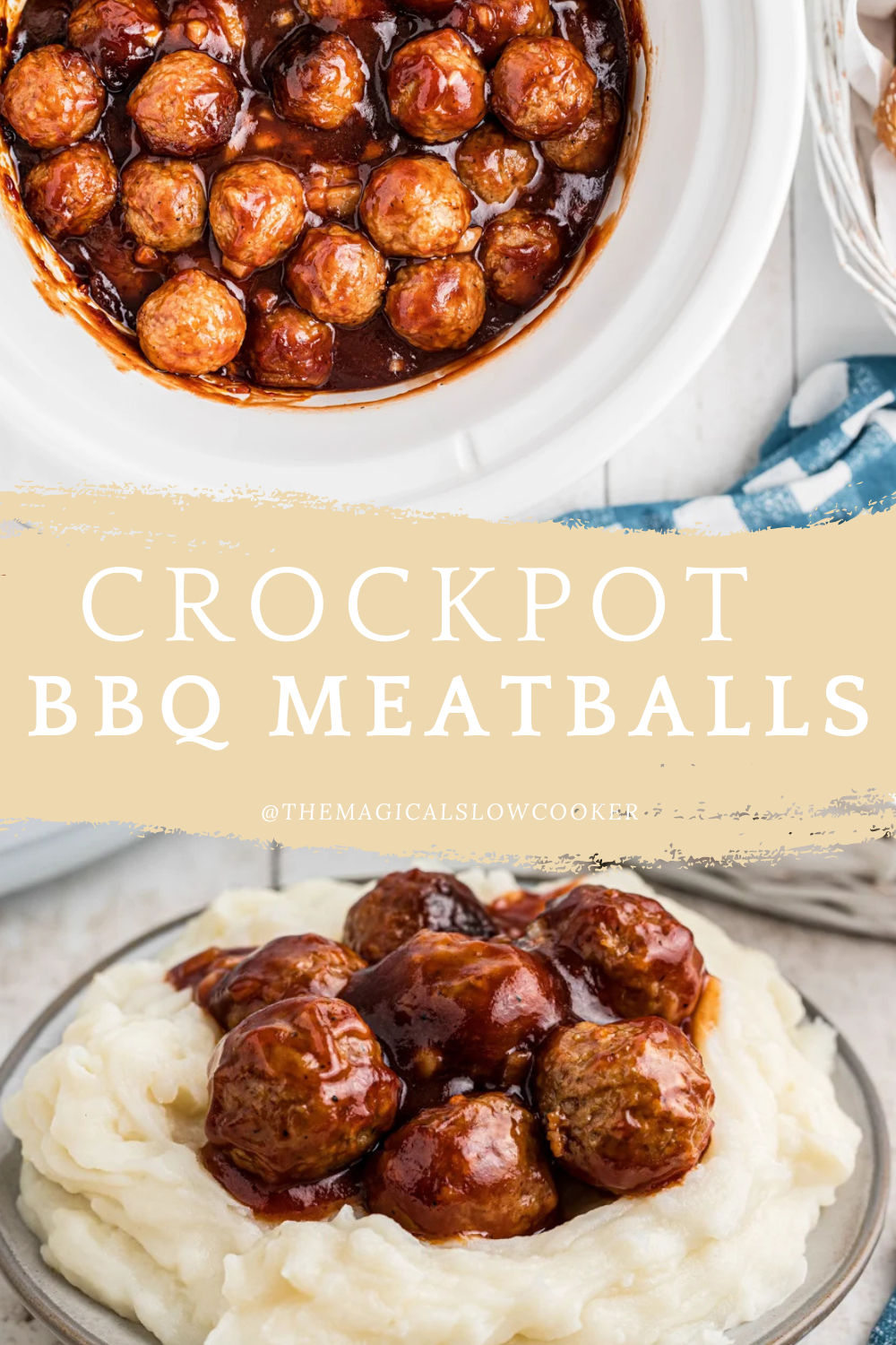 barbecue meatballs in a slow cooker and on a plate of mashed potatoes.