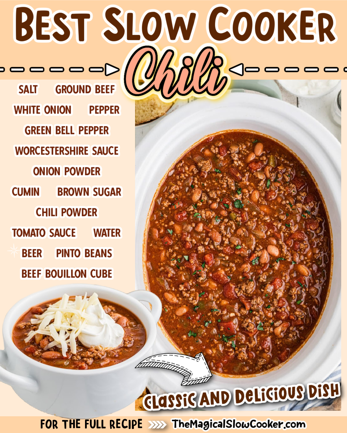 Image of slow cooker chili with text of ingredients for facebook.