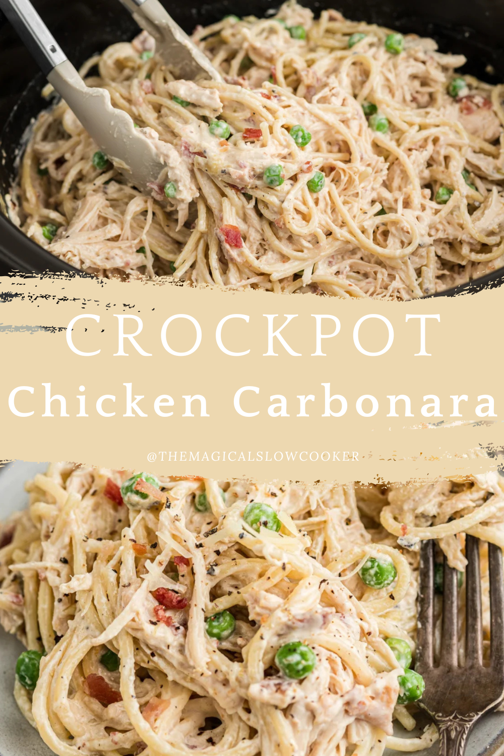 carbonara pasta in a slow cooker and on a plate.