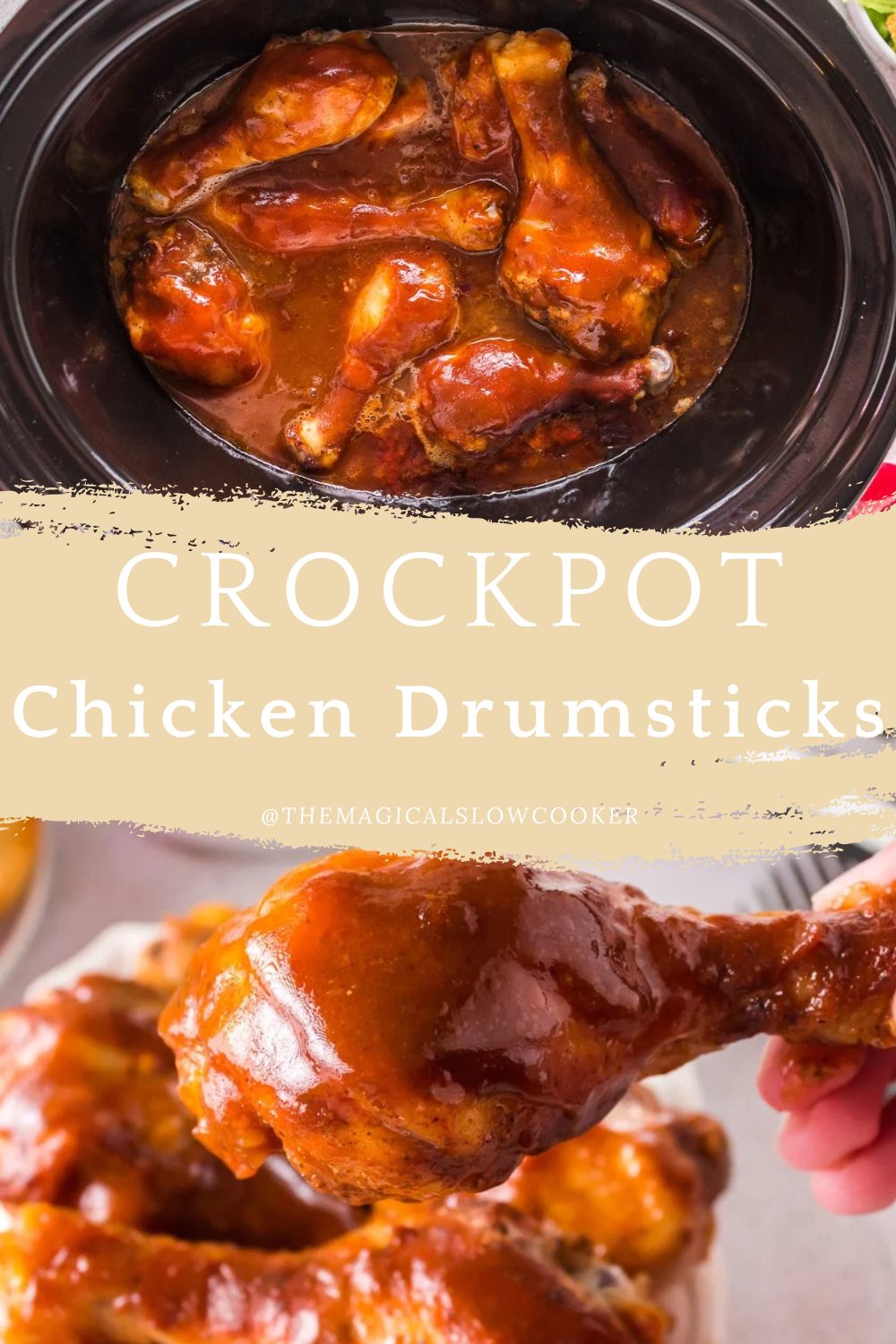 drumsticks in a slow cooker and in a hand.